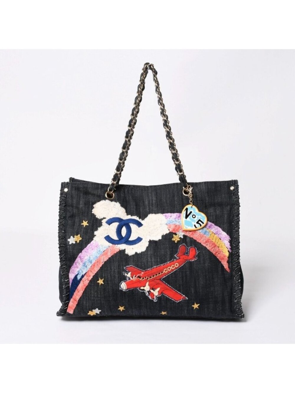 Chanel Chain Tote Bag Night Flight Embroidery CC Logo Denim